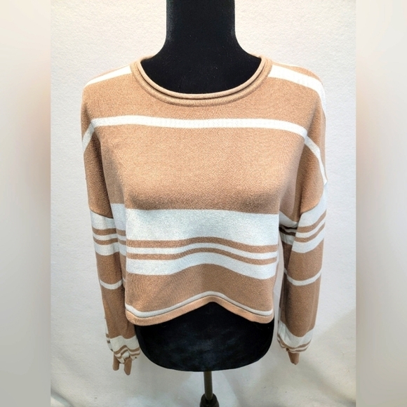ZESICA Women's Size Medium Long Sleeve Crewneck Stripe Crop Sweater - Picture 1 of 10
